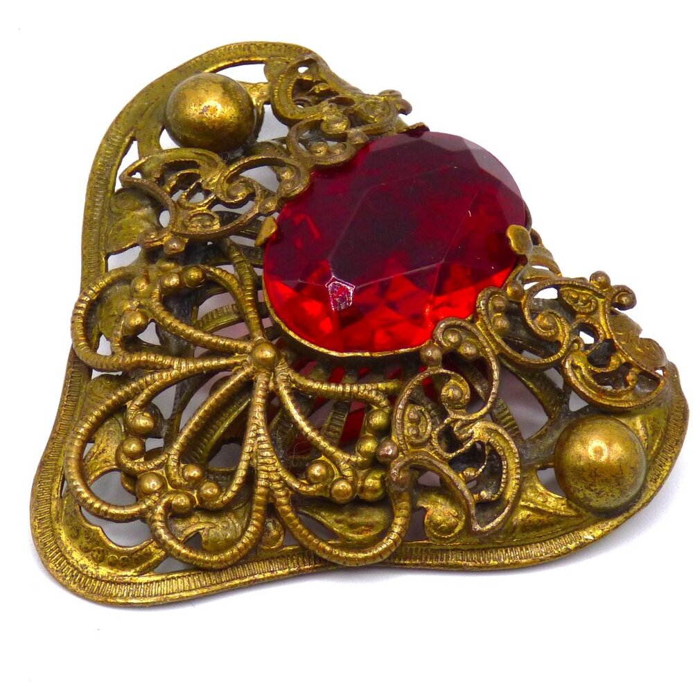 VTG  Czech Brass Filigree Dress Clip with Ruby Red Faceted Gem Art Deco Nouveau